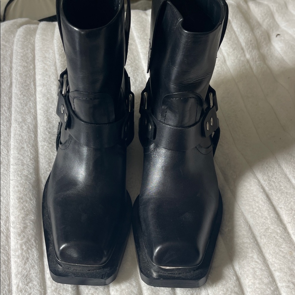 Mango Genuine Leather Black Motorcycle Boots